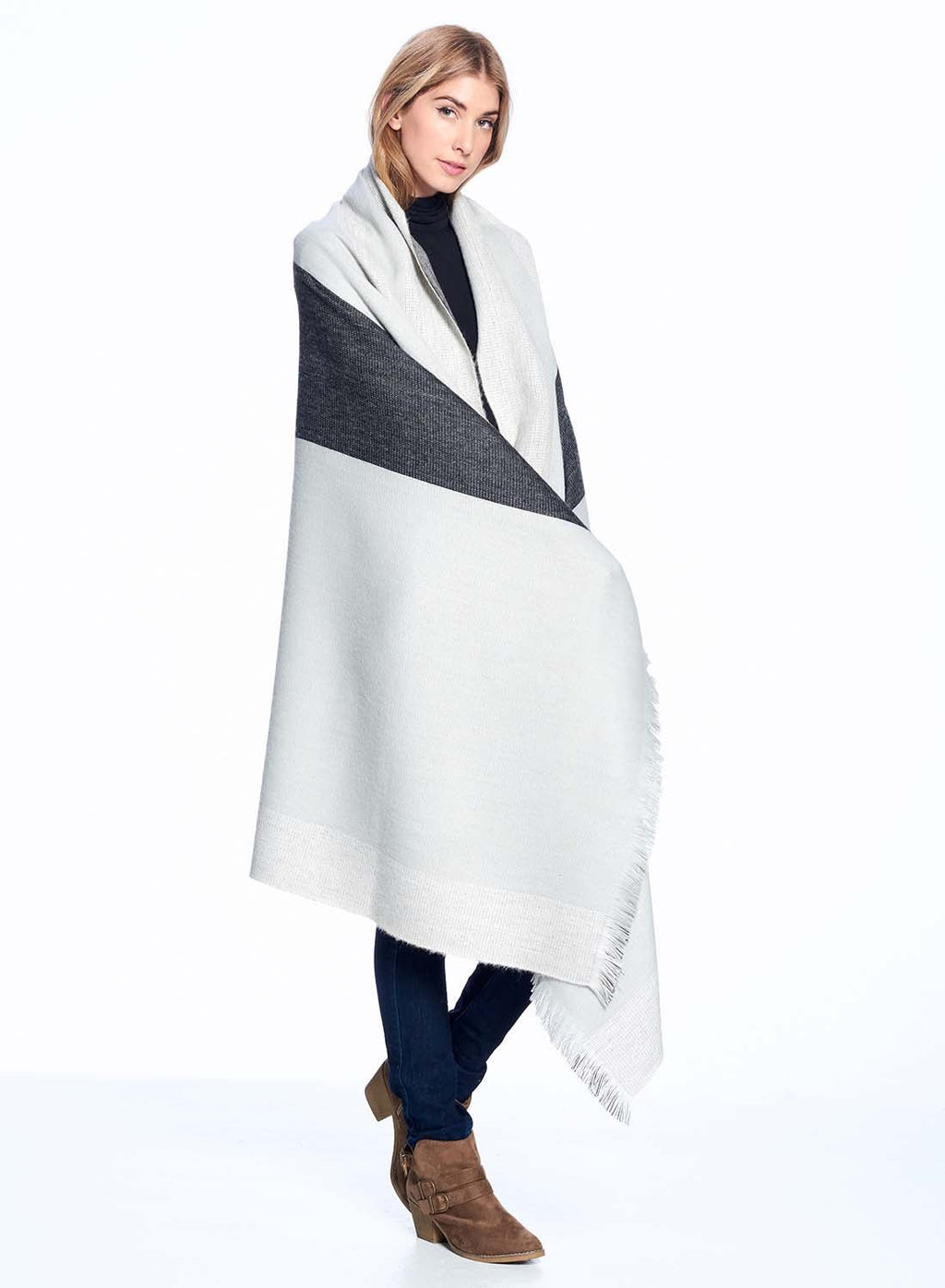 White alpaca reversible throw blanket in Monochrome with graphite contrast, Shupaca