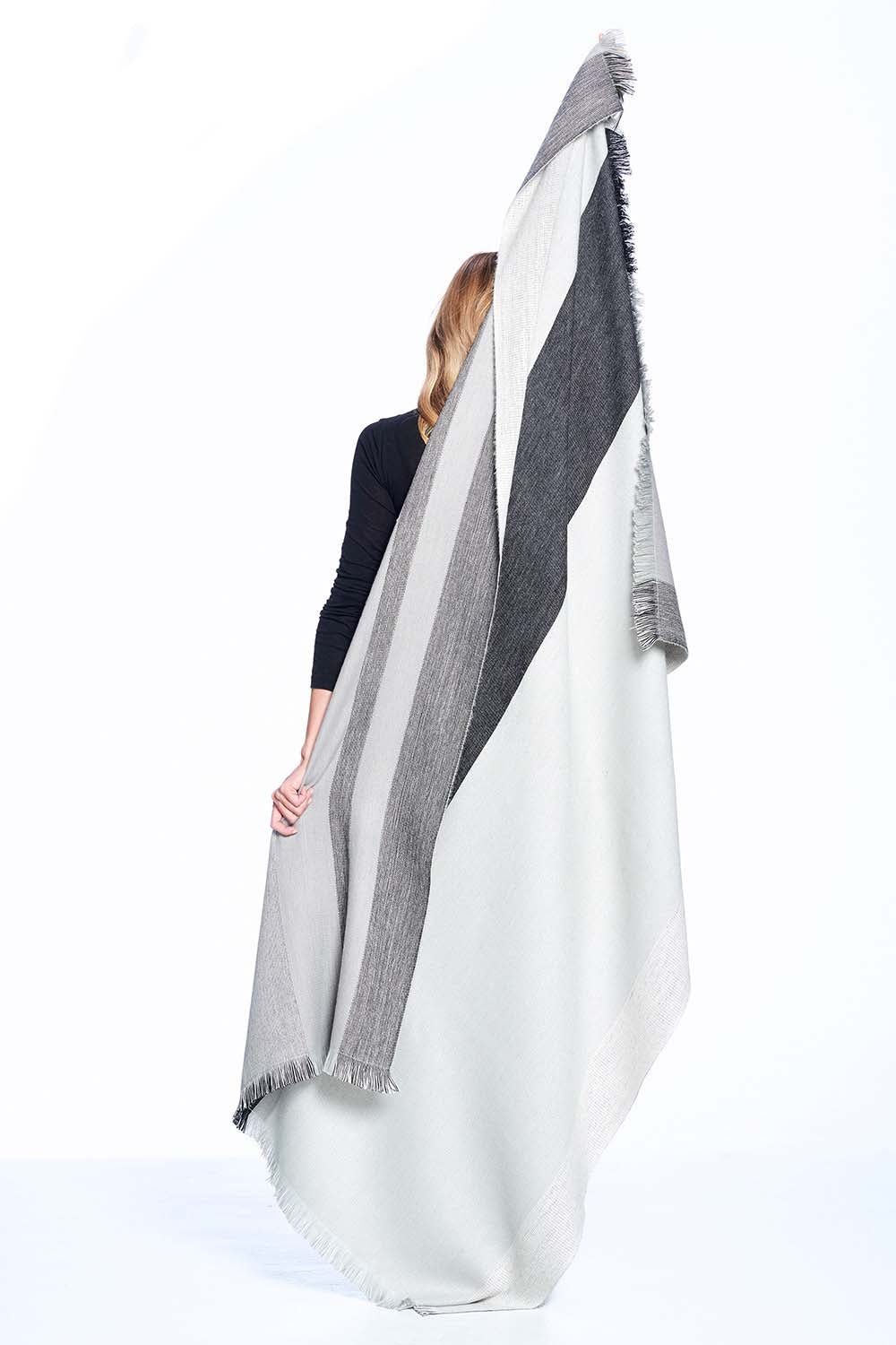White alpaca reversible throw blanket in Monochrome with graphite contrast, Shupaca